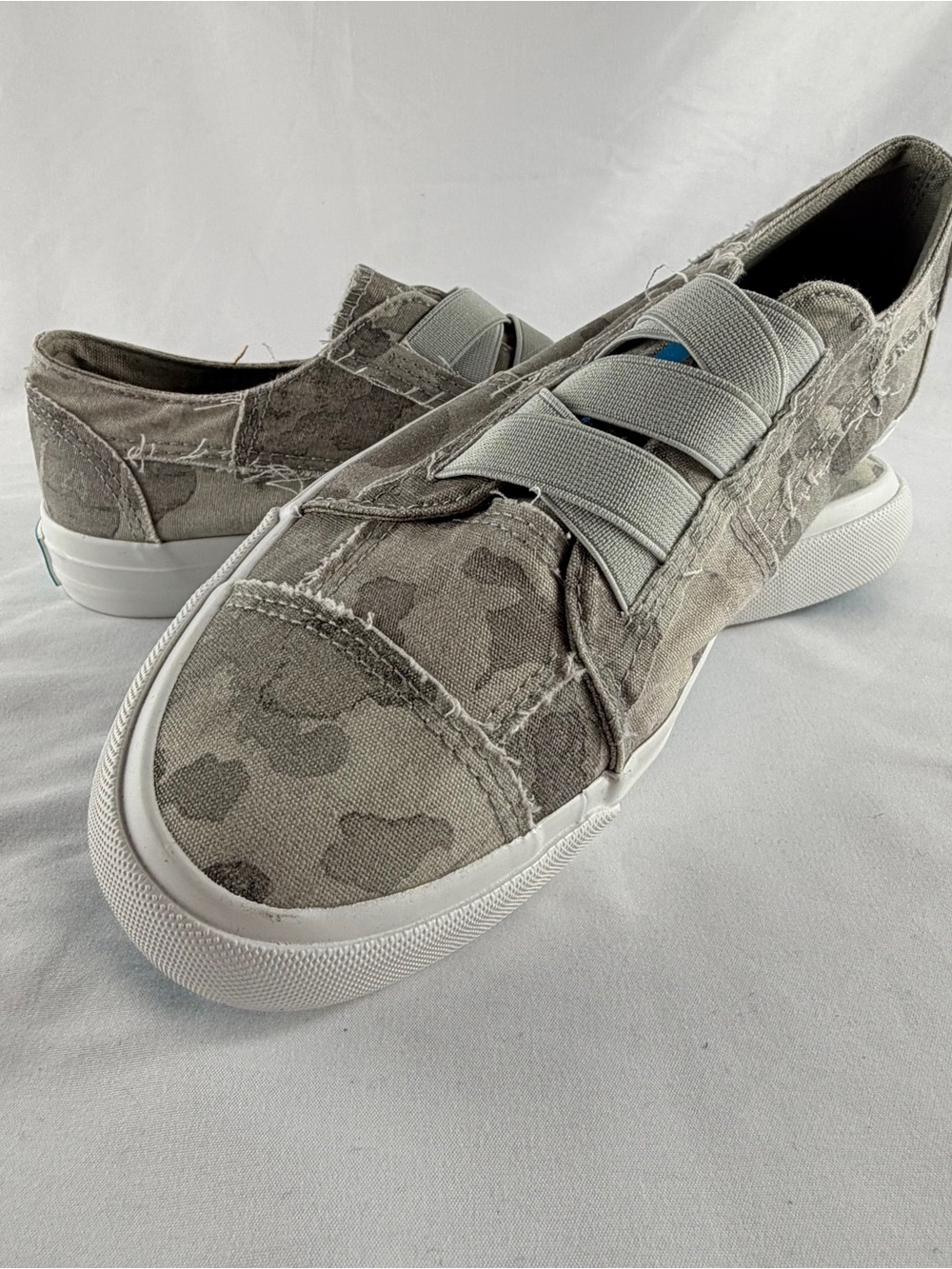 Blowfish Gray Canvas Slip-On Sneakers with Tan Leather Logo